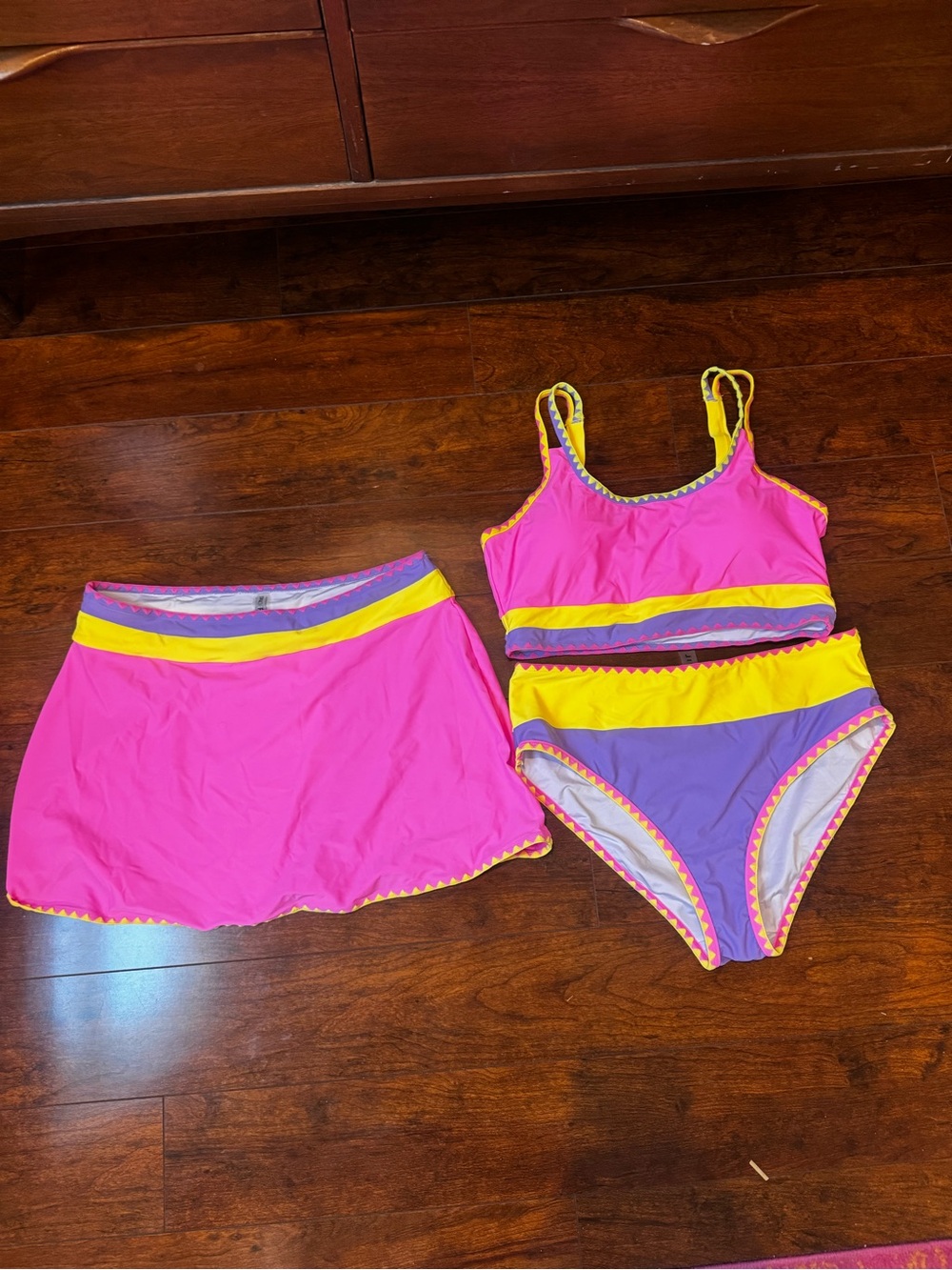 Colorblock Pink, Purple & Yellow Women's Bikini Set with Skirt